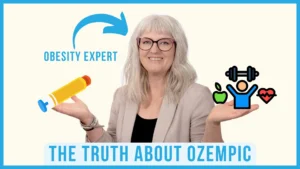 Woman labelled “Obesity Expert” holds up her hands with an injection pen icon on one side and health icons (apple, weights, heart) on the other, with text “The Truth About Ozempic.”