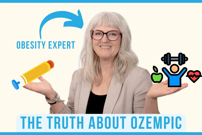 Woman labelled “Obesity Expert” holds up her hands with an injection pen icon on one side and health icons (apple, weights, heart) on the other, with text “The Truth About Ozempic.”