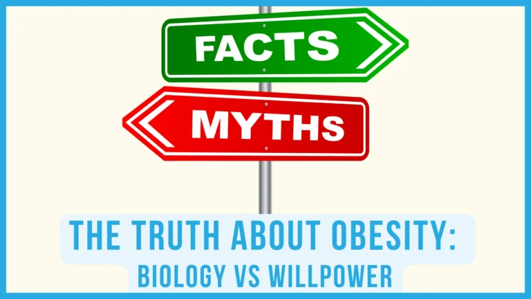 Green “FACTS” sign and red “MYTHS” sign above the text “The Truth About Obesity: Biology vs Willpower.”