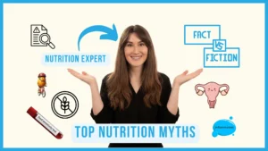 A smiling woman with icons representing nutrition myths, including a bike-riding potato, gluten-free sign, food sensitivity test, and inflammation. Text at the bottom reads "Top Nutrition Myths."