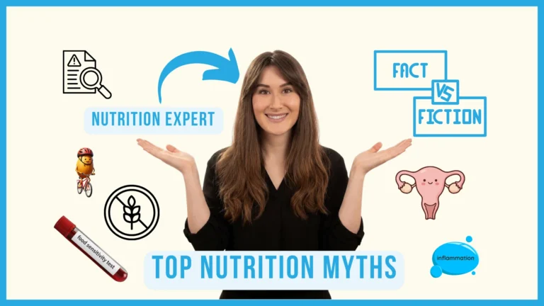 A smiling woman with icons representing nutrition myths, including a bike-riding potato, gluten-free sign, food sensitivity test, and inflammation. Text at the bottom reads "Top Nutrition Myths."