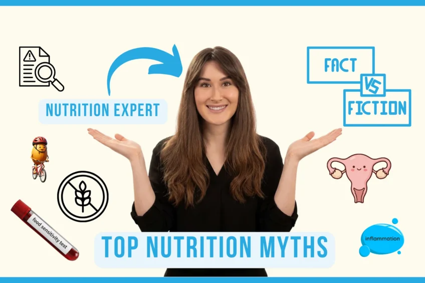 A smiling woman with icons representing nutrition myths, including a bike-riding potato, gluten-free sign, food sensitivity test, and inflammation. Text at the bottom reads "Top Nutrition Myths."