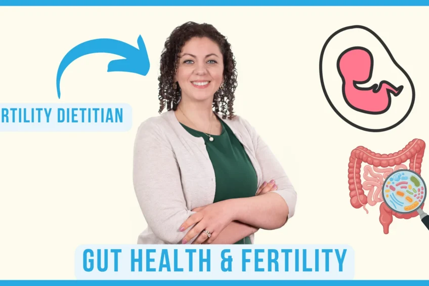 Dietitian with gut health and fertility illustrations promoting fertility nutrition support.