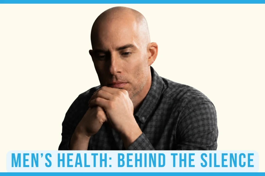 Thoughtful man with text reading “Men’s Health: Behind the Silence.”