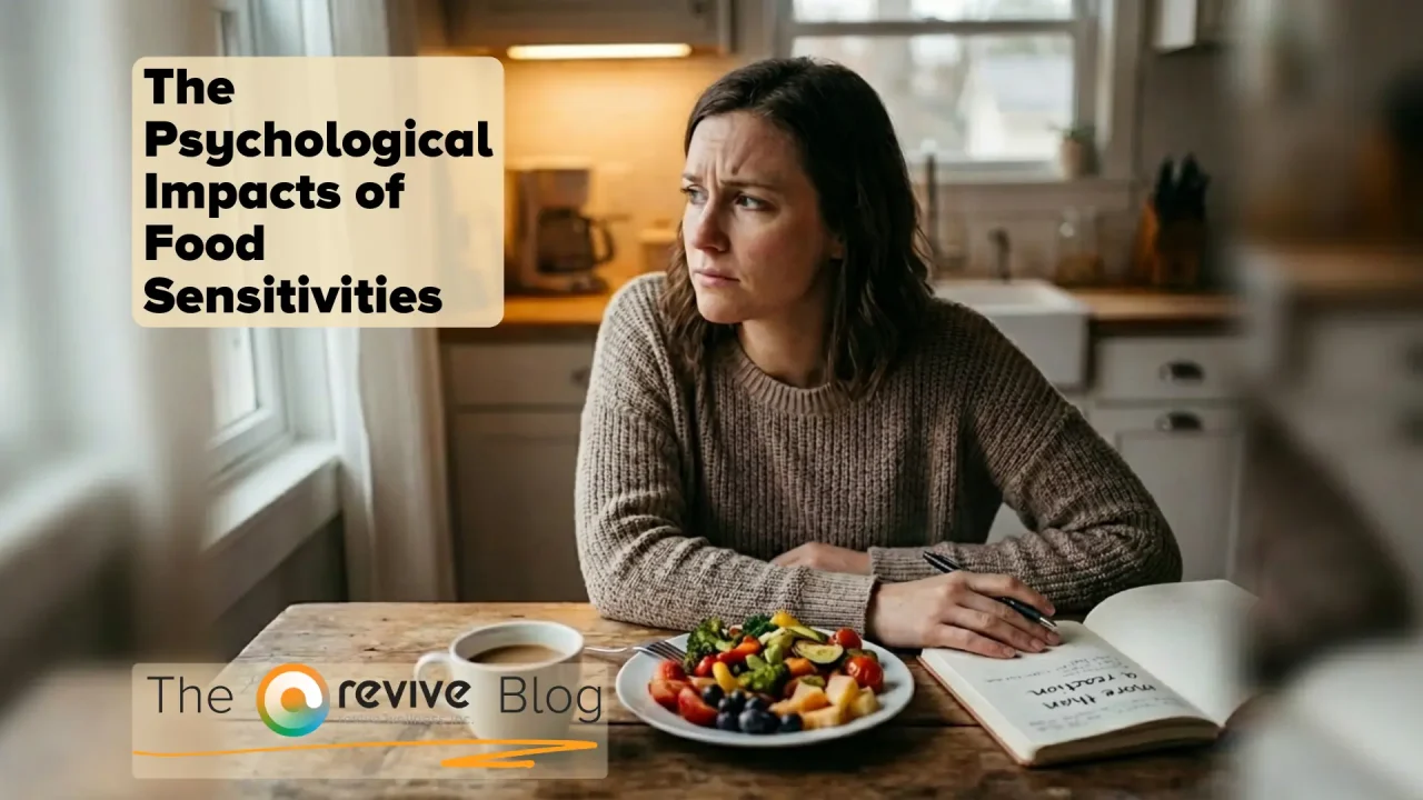 Woman sitting at a kitchen table with food, looking thoughtful, representing the psychological impacts of food sensitivities.