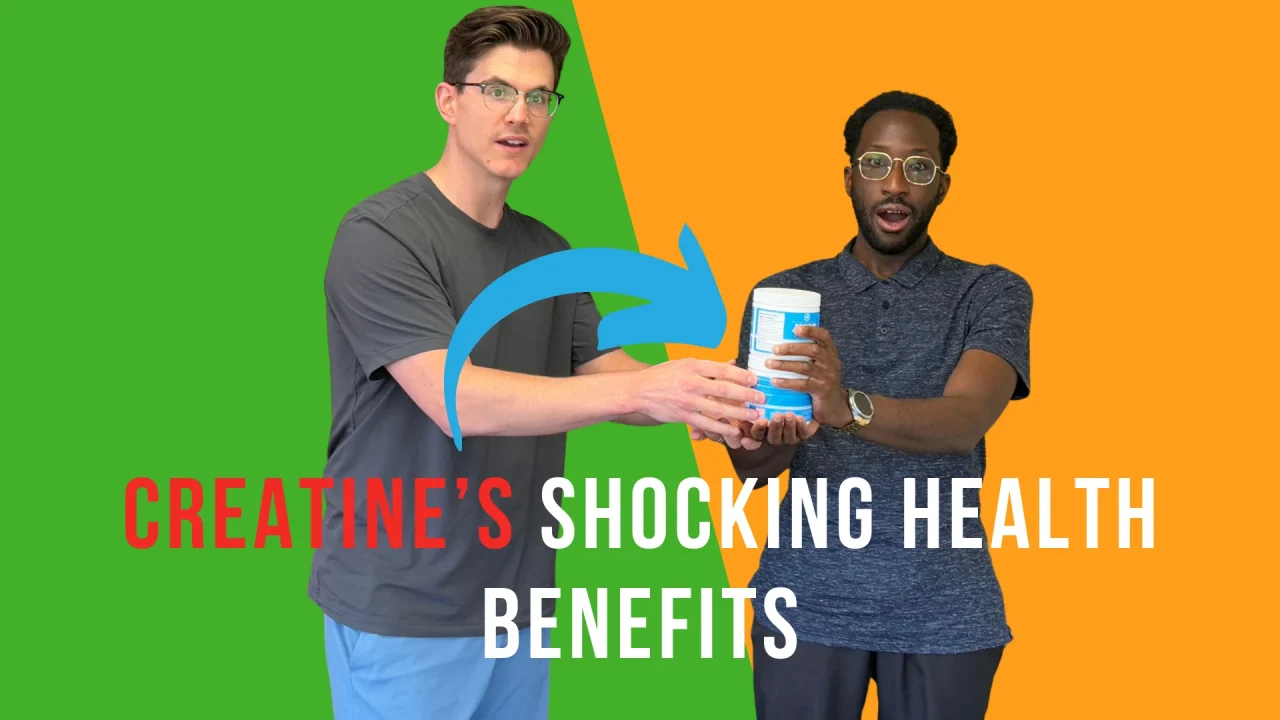 Two men pass a tub of creatine on a green and orange background with text “Creatine’s shocking health benefits”