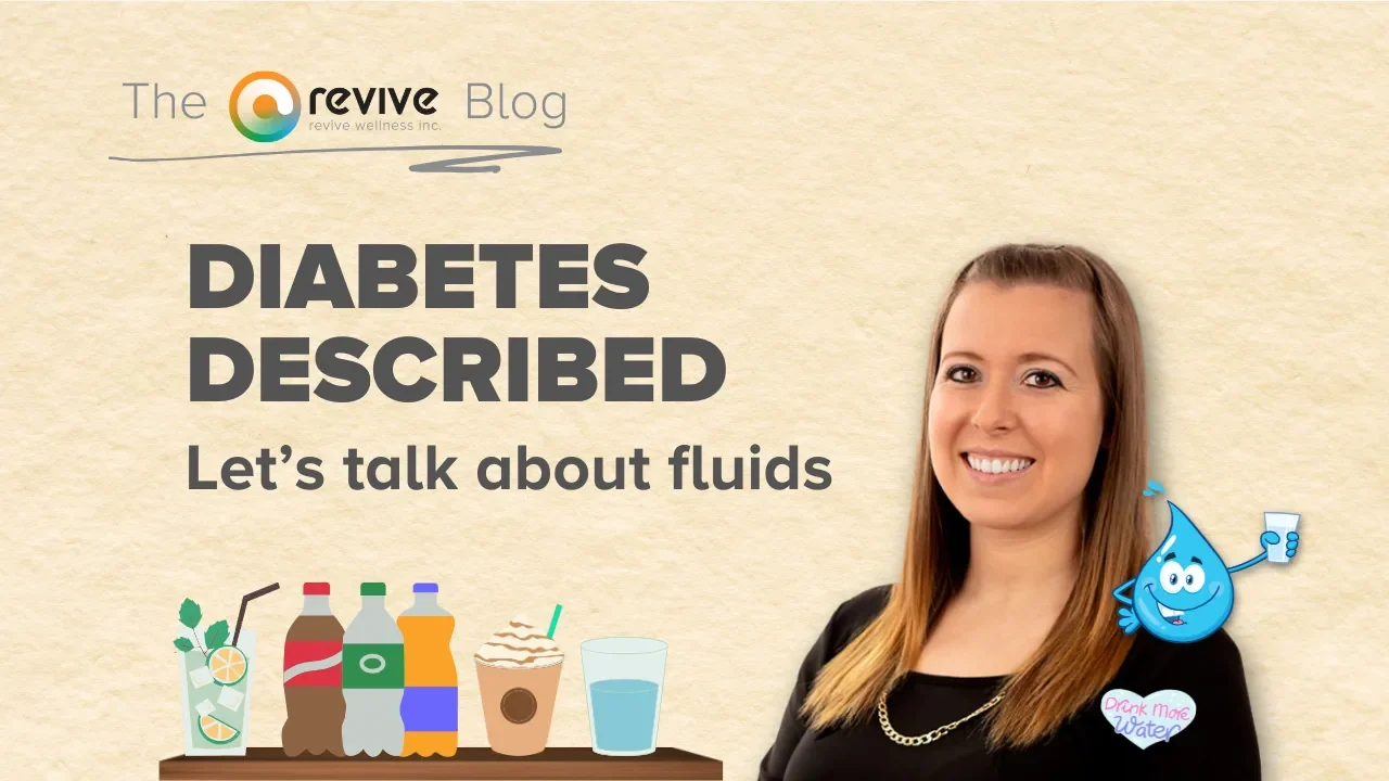 Promotional graphic for 'The Revive Blog' titled 'Diabetes Described: Let’s Talk About Fluids.' A smiling woman appears on the right, accompanied by a cartoon water droplet character holding a glass of water with a badge that says 'Drink More Water.' Various beverage illustrations, including soda, juice, coffee, and water, are displayed at the bottom, emphasizing the discussion on fluids and diabetes.