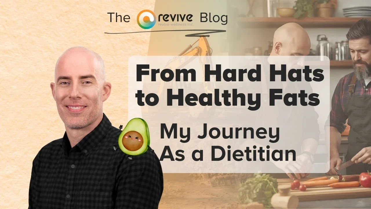 A bald man in a dark checkered shirt smiles beside text that reads “From Hard Hats to Healthy Fats: My Journey as a Dietitian.” Behind him, there is a kitchen scene with men preparing food and a faded construction vehicle image. A cheerful cartoon avocado is also included.