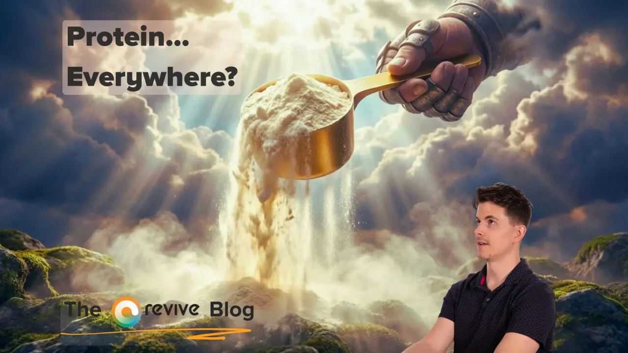 Giant hand in the clouds pouring a scoop of protein powder while a man looks up in surprise, with the text “Protein… Everywhere?”