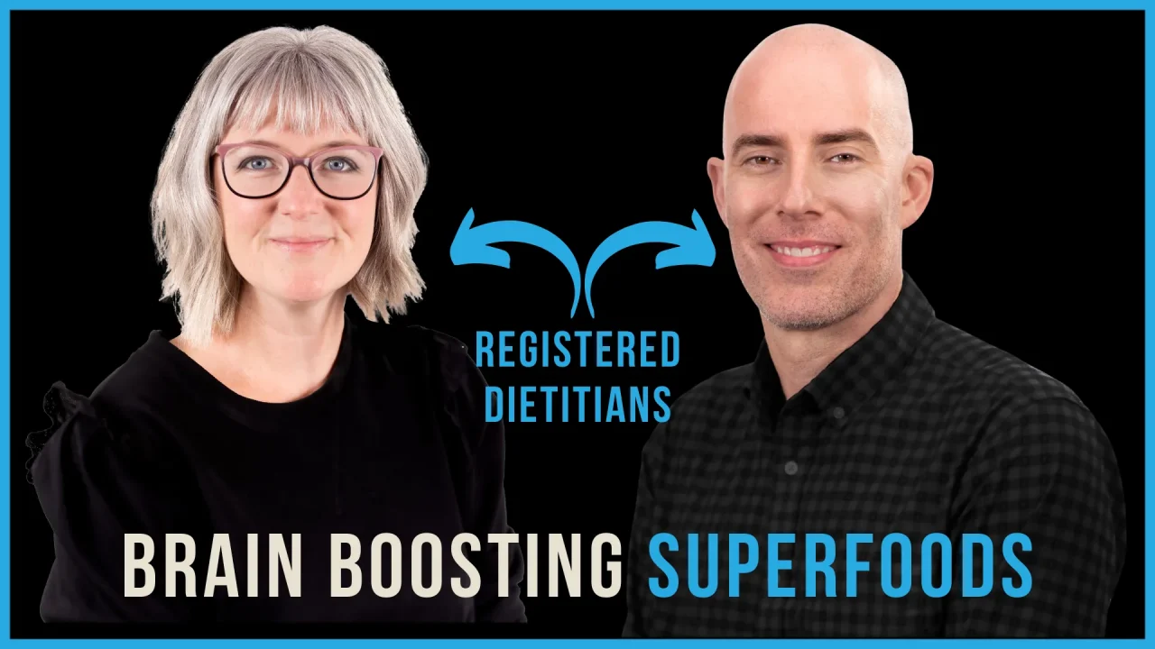 Two registered dietitians smiling against a black background with blue text that reads “Brain Boosting Superfoods” and arrows pointing to the words “Registered Dietitians.”