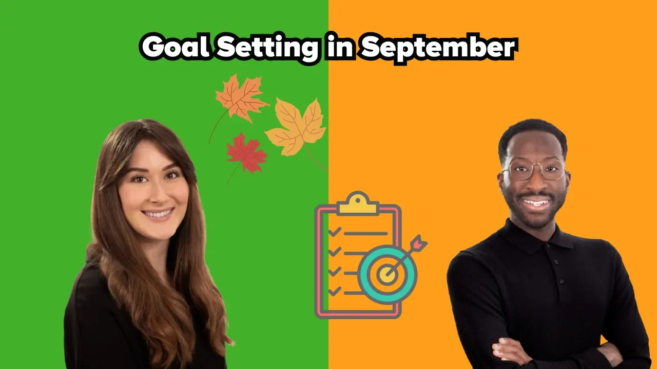 Two smiling individuals stand on a split green and orange background with autumn leaves and a checklist graphic. The text "Goal Setting in September" appears at the top.