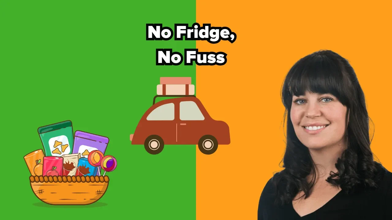 Split-screen image with a green left side and orange right side. The left side shows a basket of packaged snacks and a small car with luggage on top. The right side features a smiling woman with dark hair wearing a black shirt. Text at the top reads, "No Fridge, No Fuss."