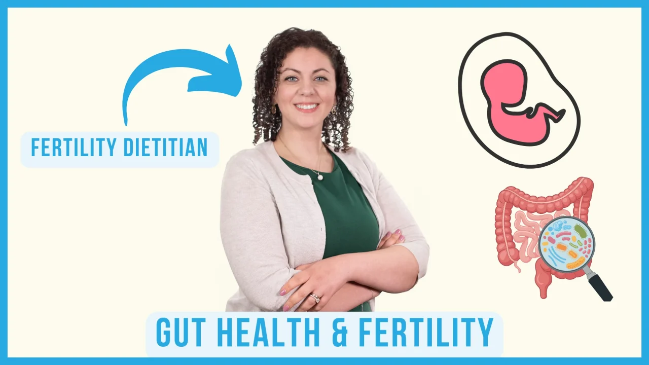 Dietitian with gut health and fertility illustrations promoting fertility nutrition support.