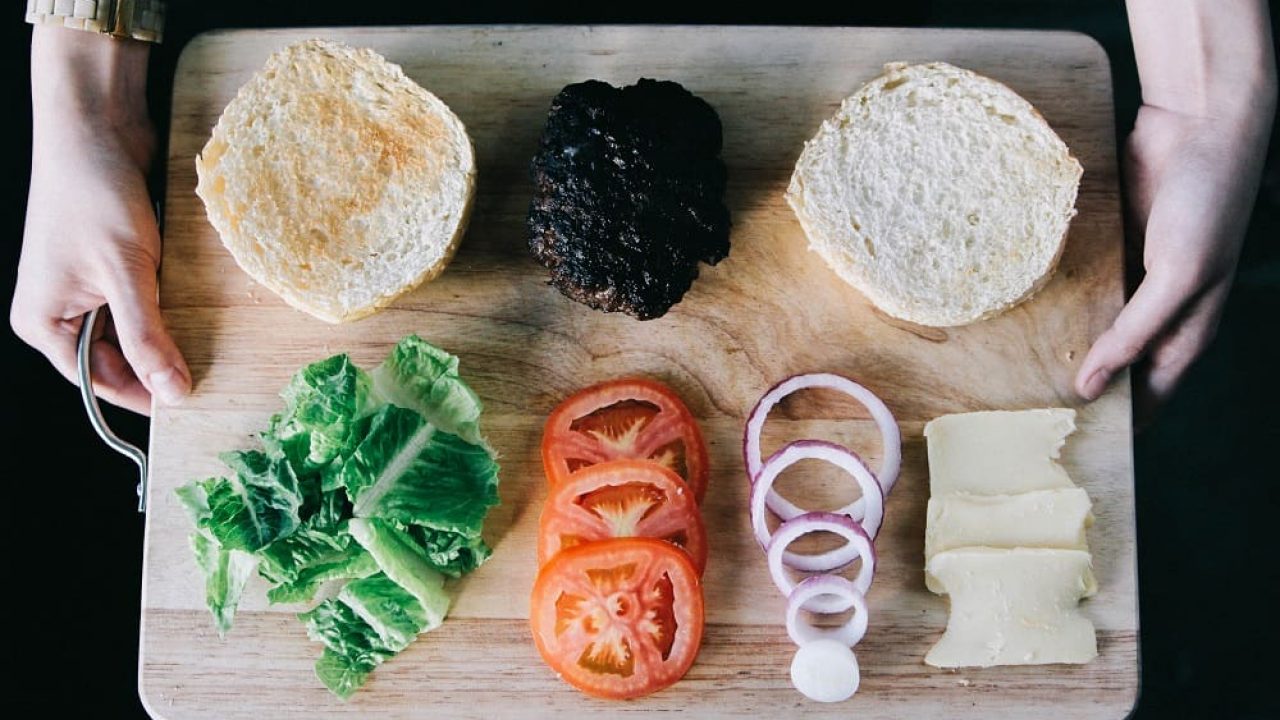 tray of whole food burger ingredients